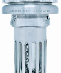 A close up of the leak defenders logo on a container