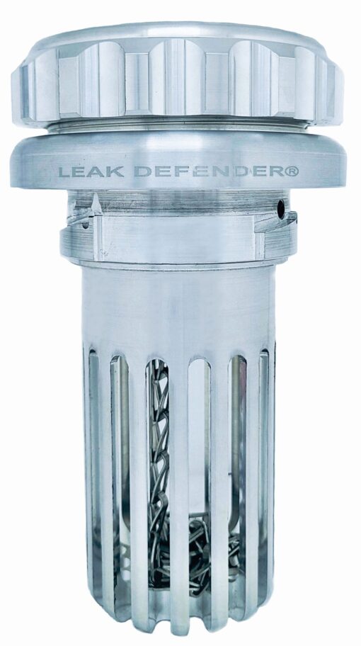 A close up of the leak defenders logo on a container