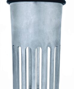 A tall metal vase with long vertical lines.