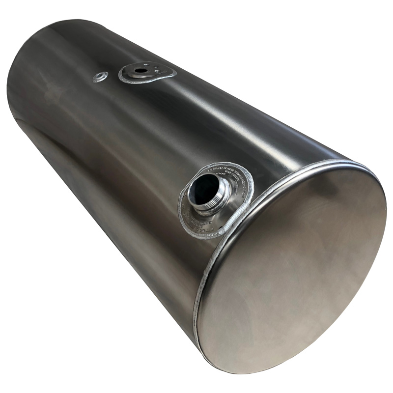 A stainless steel tank with two holes for the spout.