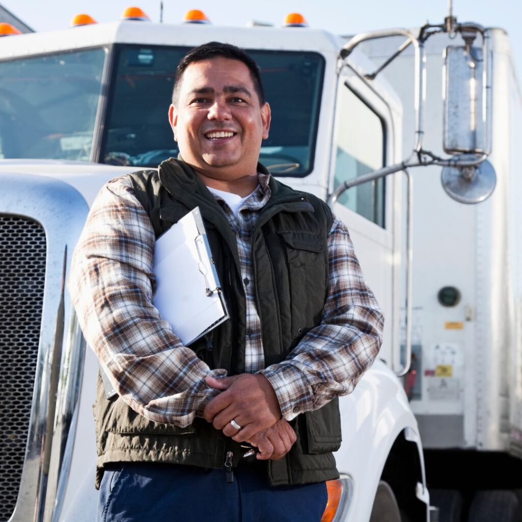 Truck operator smiling in front of truck
