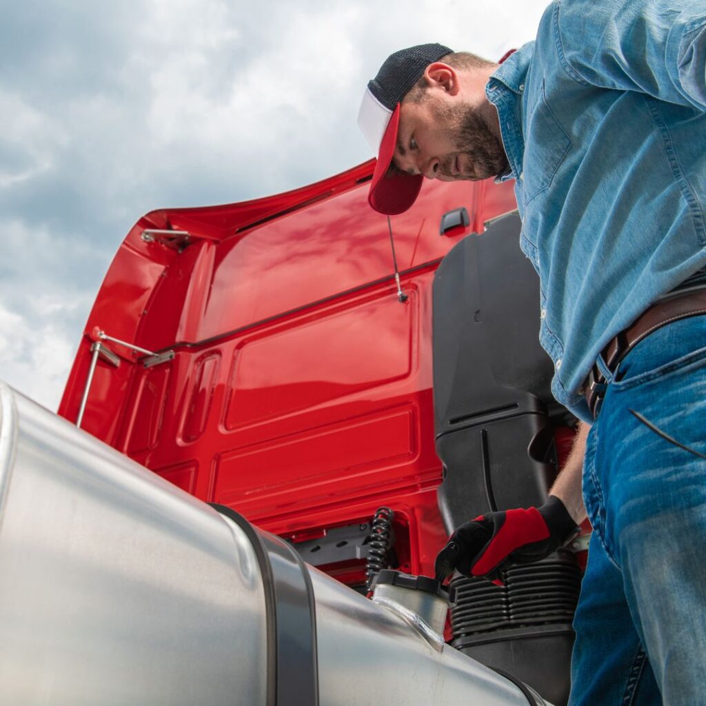 A man standing on the side of a truck.