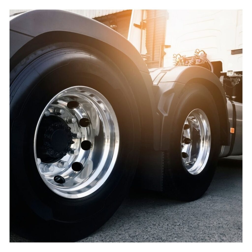 A close up of the front tire on a truck