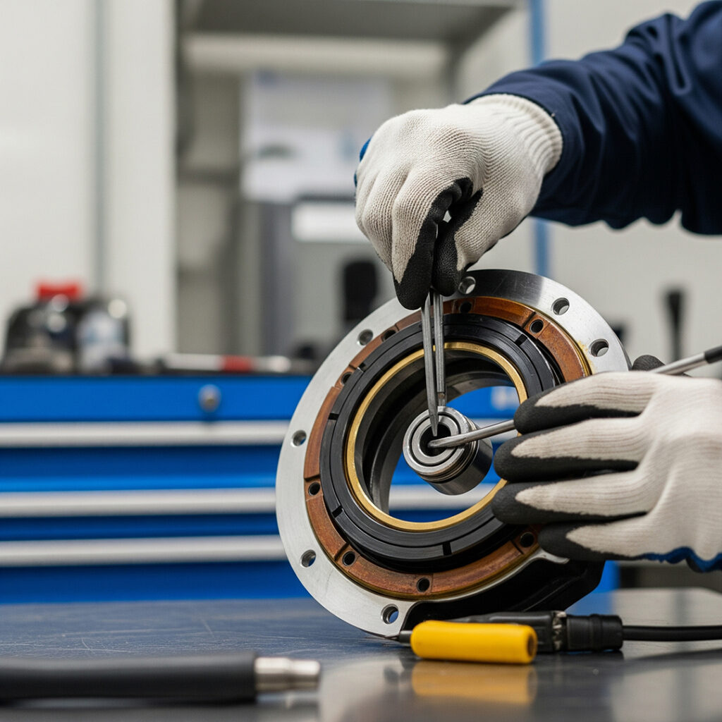 Technician inspecting a fuel collar for wear.
