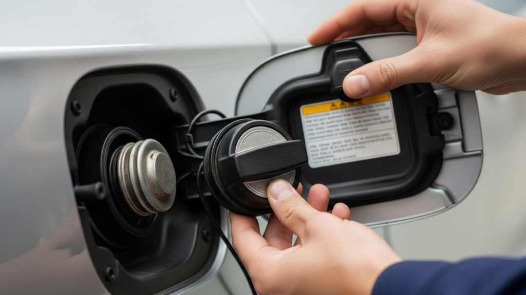 Close-up of a fuel cap being inspected, highlighting potential issues.