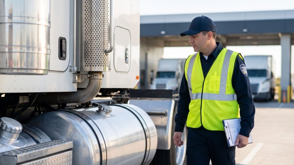 DOT inspector approaches truck fuel tank on sunny dayAlt text: A uniformed DOT inspector approaches a large semi-truck's fuel tank on a sunny day at an inspection station.