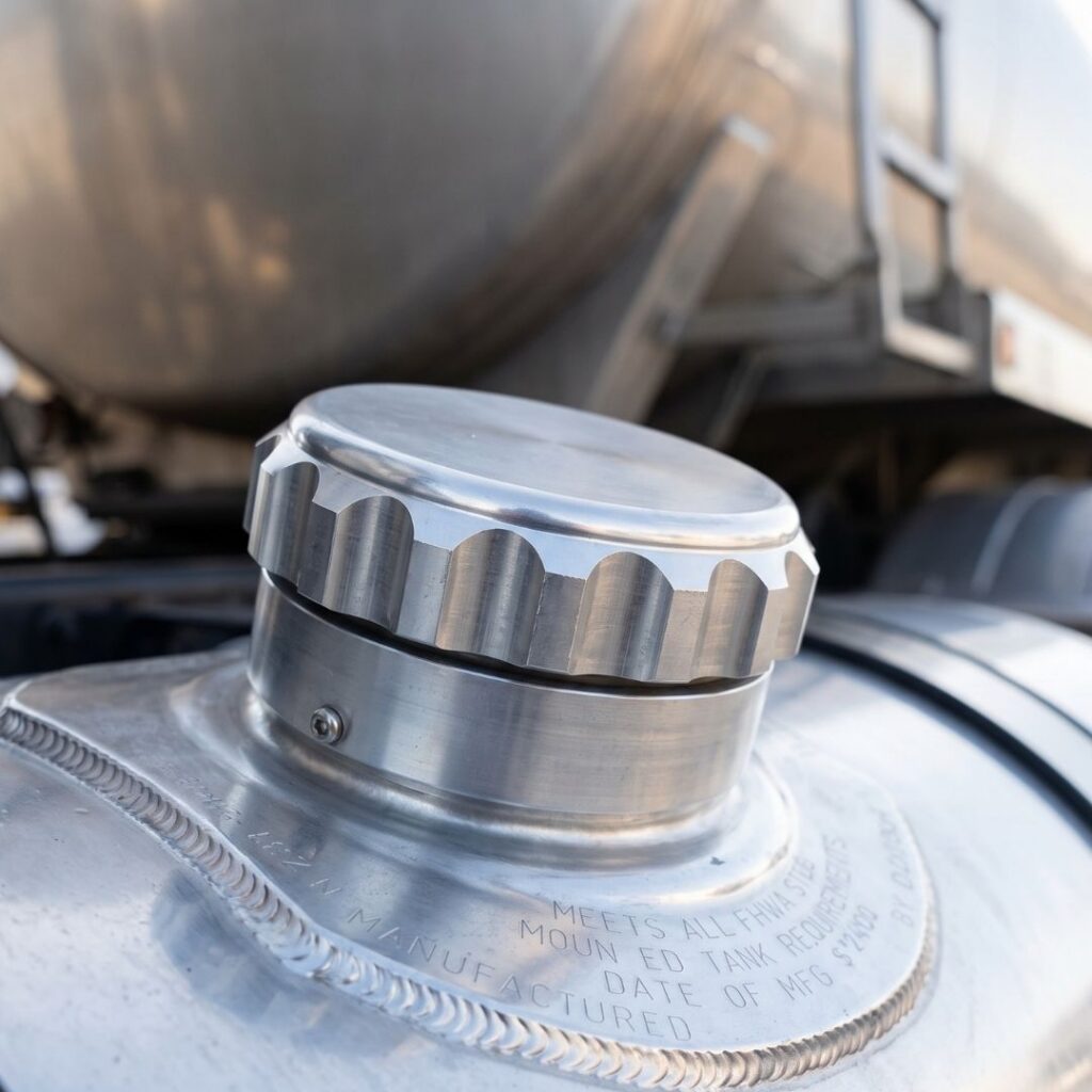 Close-up of installed Leak Defender system referencing image_0.pngAlt text: A detailed close-up of the installed Leak Defender system, showcasing the precision-machined aluminum fluted cap and welded collar on a polished truck tank