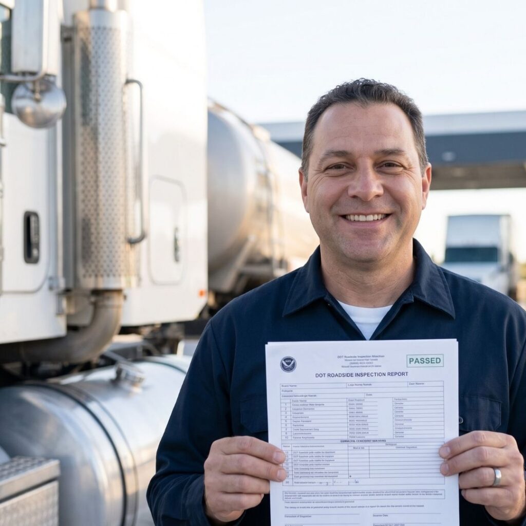 Smiling driver holding passed DOT inspection reportAlt text: A smiling truck driver holds up a clean, passed DOT inspection report outside on a sunny day.